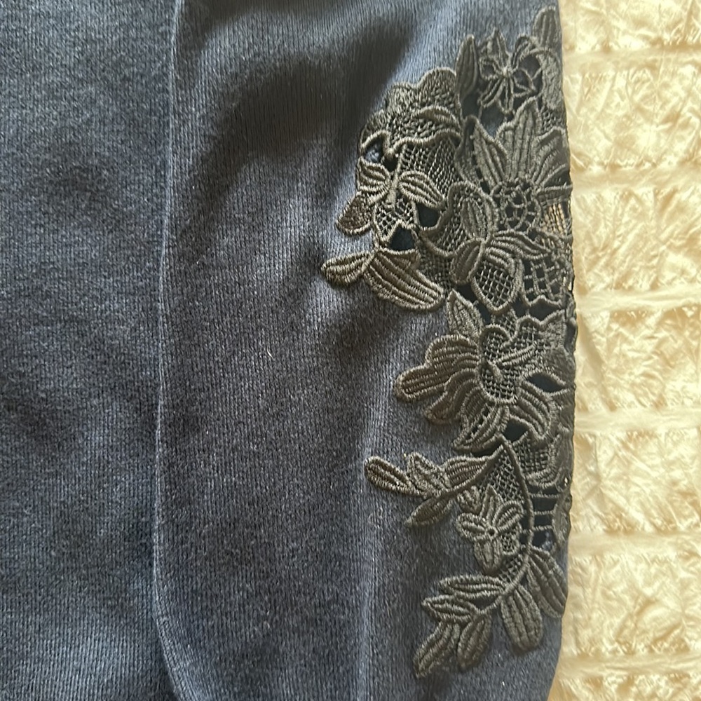 Loft sweater with lace/embroidery detail on bottom half of sleeves.